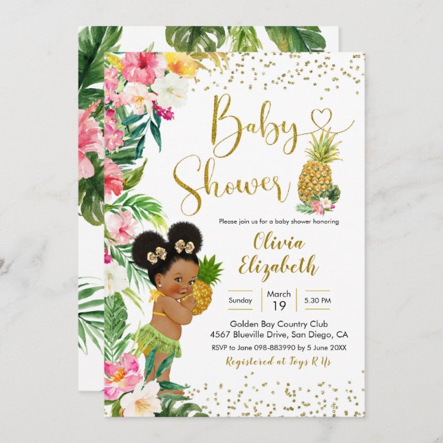 Aloha Pineapple African Afro Girl Baby Shower Invitation (Front/Back)