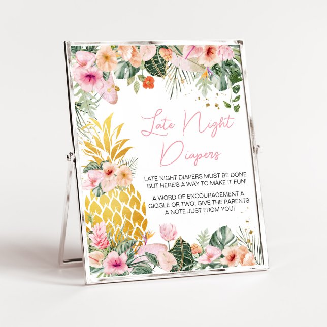Aloha Pineapple Baby Shower Late Night Diapers Poster (Floral Aloha Baby Shower Later Night Diapers Sign)