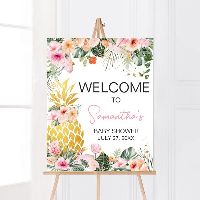 Aloha Pineapple Baby Shower Welcome Poster (Floral Aloha Baby Shower Welcome Sign)