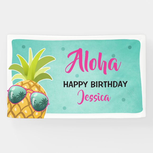 Aloha Pineapple birthday banner Tropical Luau Girl (Horizontal)