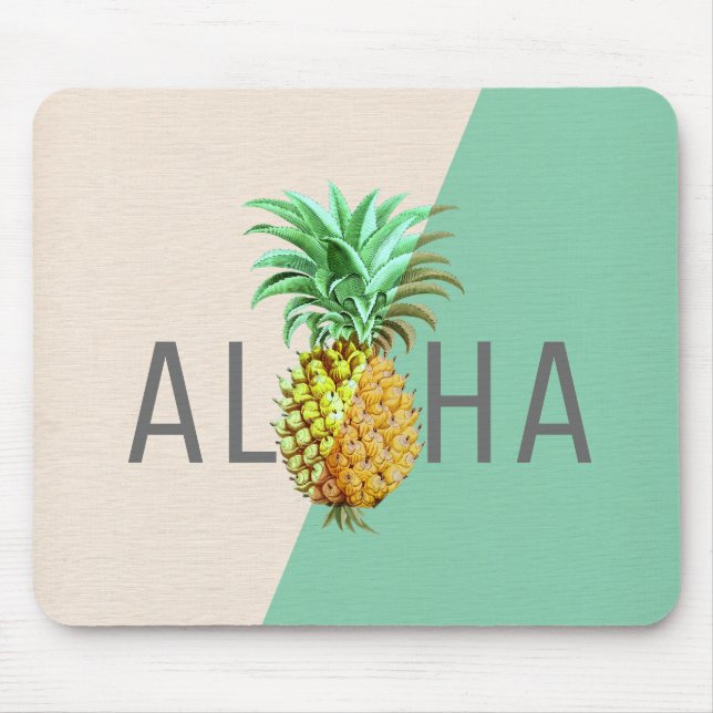 Aloha Pineapple, Linen Texture Beige & Green Mouse Pad (Front)
