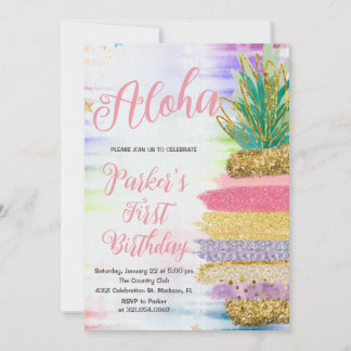 Aloha Pink Gold Rainbow Pineapple Birthday Invitation