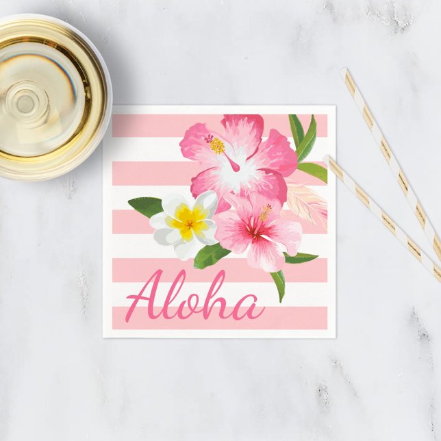 Aloha Pink Tropical Flowers and Stripes Napkin (Creator Uploaded)