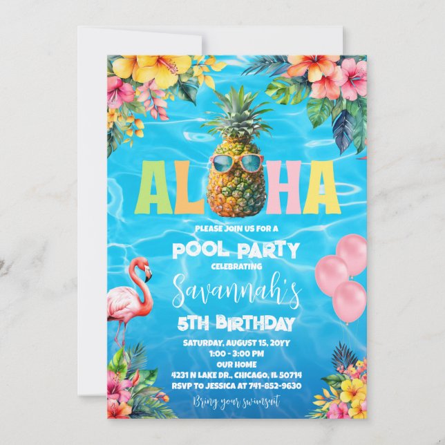 Aloha Pool Party Birthday Invitation (Front)