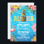 Aloha Pool Party Birthday Invitation<br><div class="desc">Hawaiian Pool Party Birthday Invitation Perfect for announcing a festive Hawaiian-style summer pool bash or luau party for a child's birthday. The playful graphics with the flamingo and balloons create a cheerful, celebratory vibe that will get guests excited for the event. A great design for combining a beach/pool theme with...</div>
