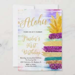 Aloha Purple Gold Rainbow Pineapple Birthday Invitation