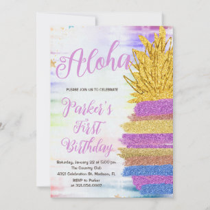 Aloha Purple Gold Rainbow Pineapple Birthday Invitation