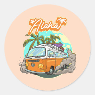 Aloha Retro Surf Van Classic Round Sticker