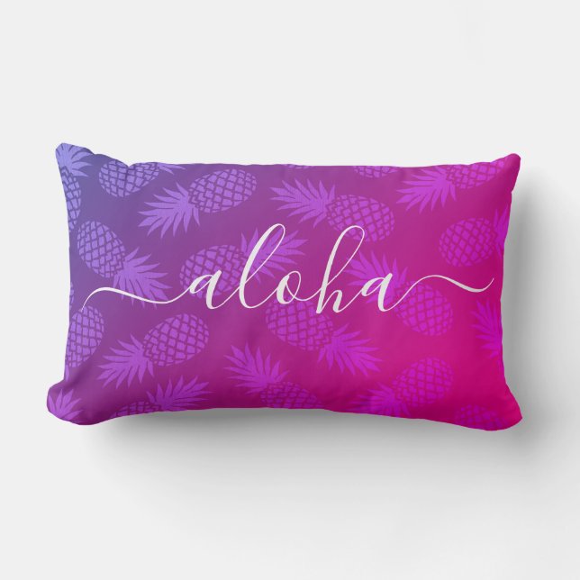 Aloha Script Hot Pink Pineapple Pattern Hawaii Lumbar Cushion (Front)