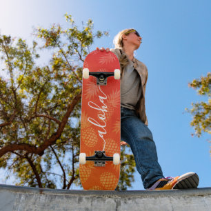 Aloha script orange pineapple pattern cool modern skateboard
