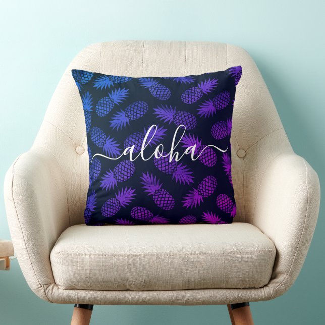 Aloha Script Purple Blue Pineapple Pattern Hawaii Cushion (Creator Uploaded)
