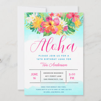 Aloha Script Tropical Birthday Luau Invitation