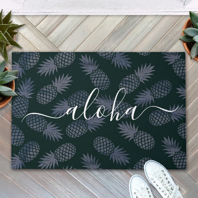 Aloha script typography navy pineapple pattern doormat (Creator Uploaded)