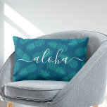 Aloha script typography teal pineapple pattern lumbar cushion<br><div class="desc">“Aloha”. Bring a bit of Hawaiian island hospitality into your home with this chic, striking, stylish, modern lumbar throw pillow sporting crisp, white handwritten script typography over a graphic, pineapple pattern in in teal and blue green. Makes a fun and stylish statement every time you relax on it. A great...</div>