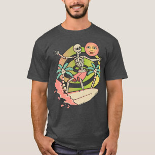 Aloha Skeleton Surfing Surfboard Wave & Moon Grap T-Shirt
