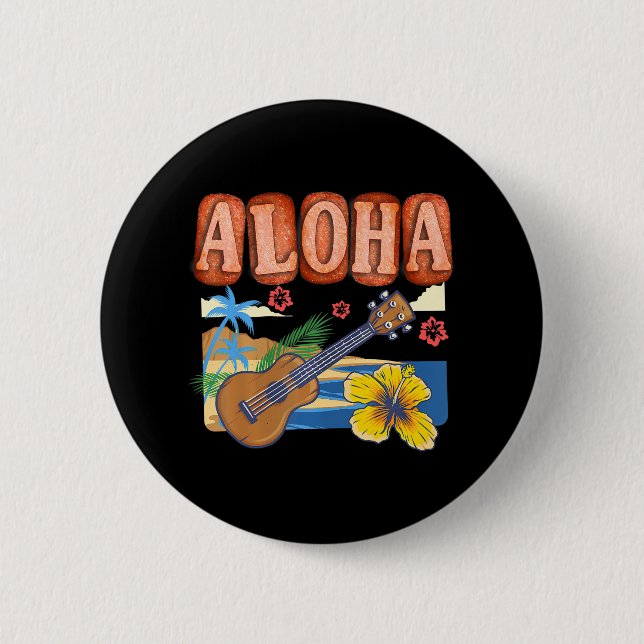 Aloha Spam Hawaii Ukulele - Waikiki Beach 6 Cm Round Badge (Front)