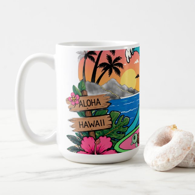 Aloha Sunny Cat Waves Coffee Mug (With Donut)