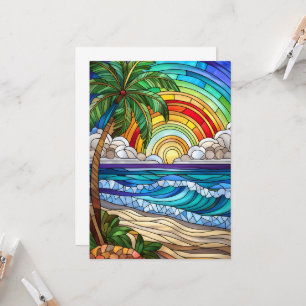 Aloha sunset island stained glass art card