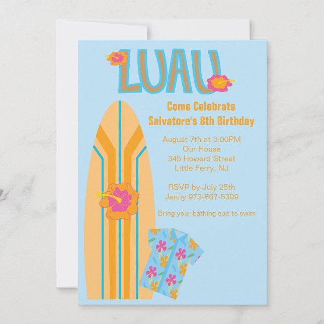 Aloha Surf Board Birthday Invitation (Front)