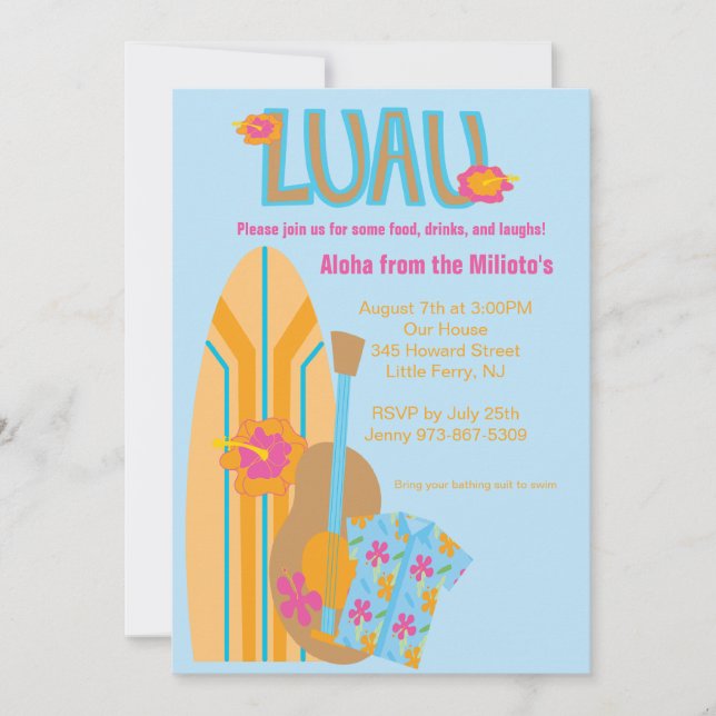 Aloha Surf Board Hawaiian Party Invitation (Front)