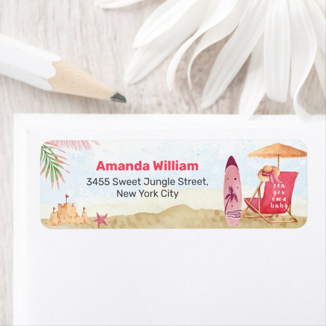 Aloha Surfboard Beach Baby Shower Return Address (Insitu)