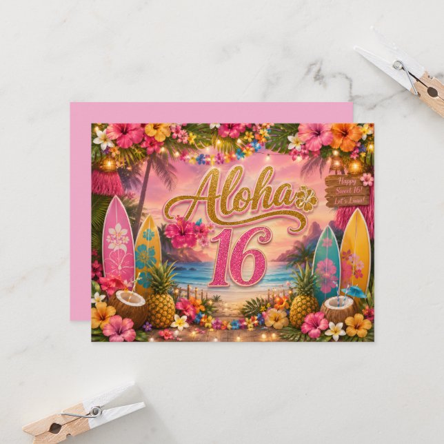 Aloha Sweet 16 Birthday Invitation (Front/Back In Situ)