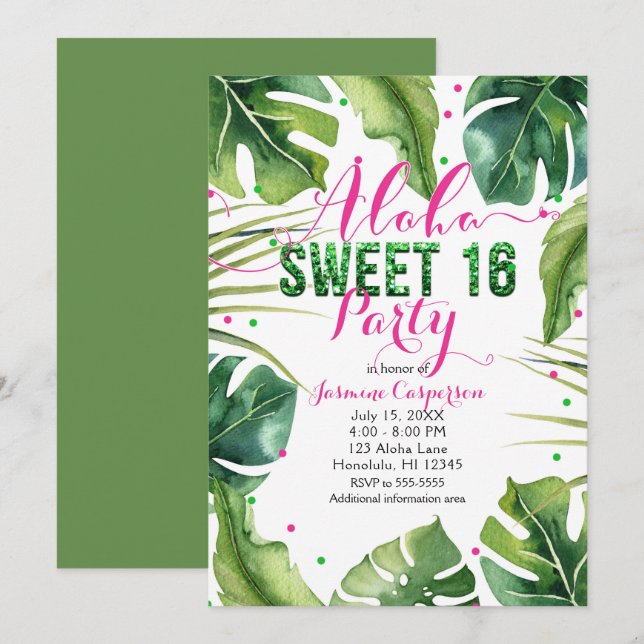 ALOHA SWEET 16 Sixteen Tropical Leaves Pink Green Invitation (Front/Back)