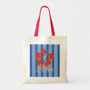 Aloha Text Blue Stripes Red Hibiscus Flower Tropic Tote Bag
