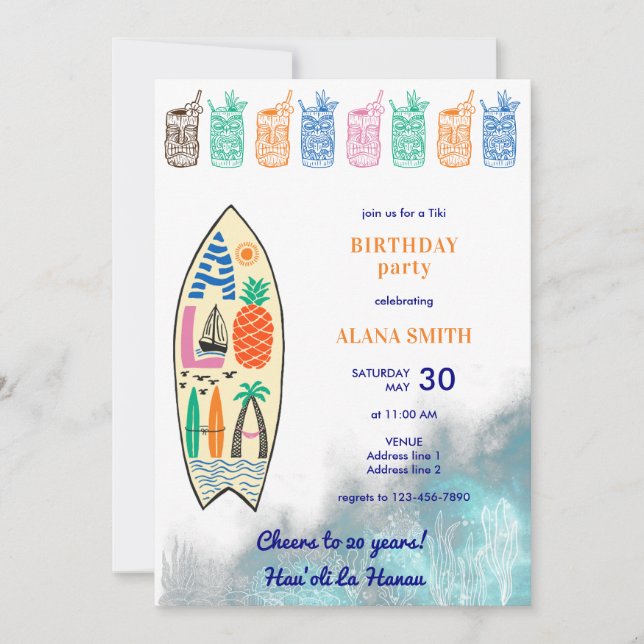 Aloha TIKI Tropical Luau Hawaiian Birthday Party Invitation (Front)