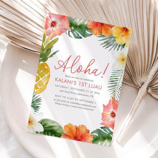 Aloha Tropical 1st Luau Floral Birthday Invitation (Creator Uploaded)