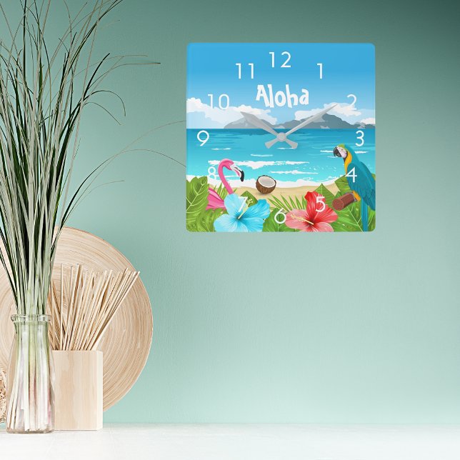 Aloha tropical beach flamingo florals square wall clock (Creator Uploaded)