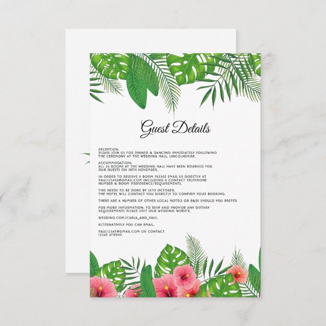 Aloha Tropical Beach Wedding Guest Details Enclosure Card (Front/Back)