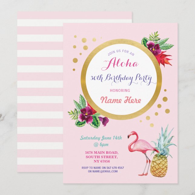 Aloha Tropical Birthday Flamingo Party Invitation (Front/Back)
