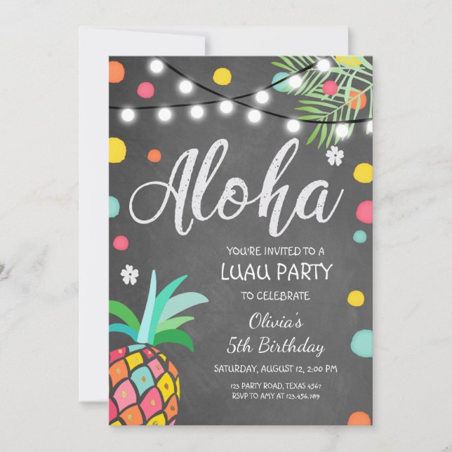 Aloha Tropical Birthday party invite Hawaii Luau (Front)