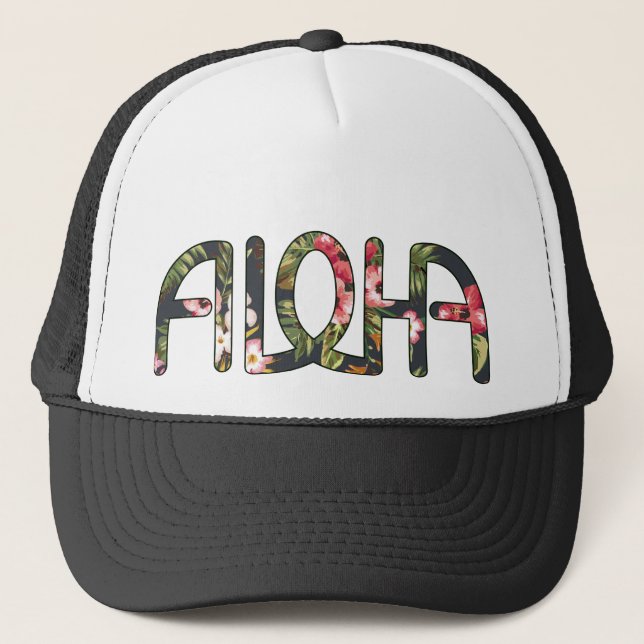 Aloha Tropical Black Trucker Hat (Front)