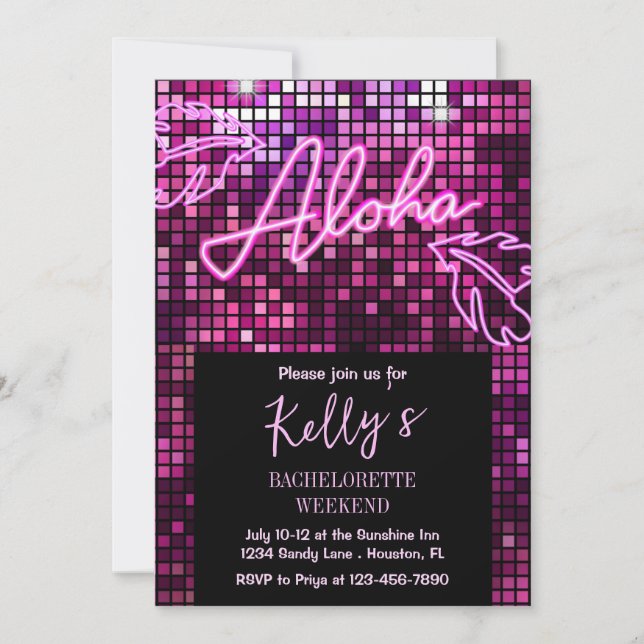 Aloha Tropical Disco Bachelorette Weekend Neon Invitation (Front)