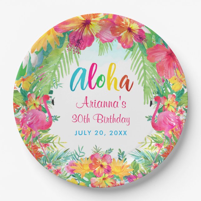 Aloha Tropical Flamingo Birthday Luau Party  Paper Plate (Front)