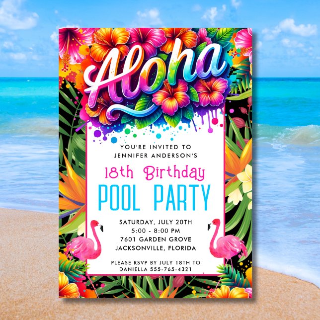 Aloha Tropical Flamingo Birthday Pool Party Invitation (Creator Uploaded)