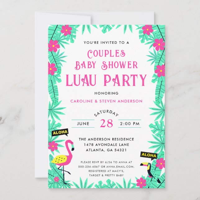 Aloha Tropical Flamingo Couples Baby Shower Luau  Invitation (Front)