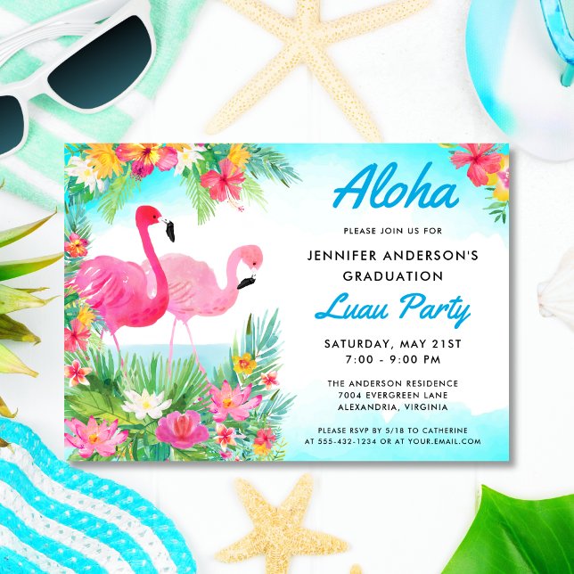 Aloha Tropical Flamingo Graduation Luau Party Blue Invitation (Creator Uploaded)