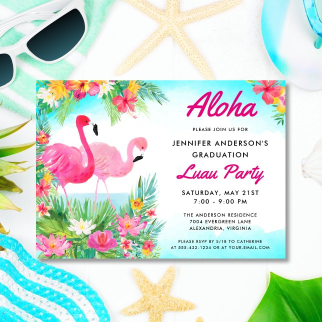 Aloha Tropical Flamingo Graduation Luau Party Invitation (Creator Uploaded)