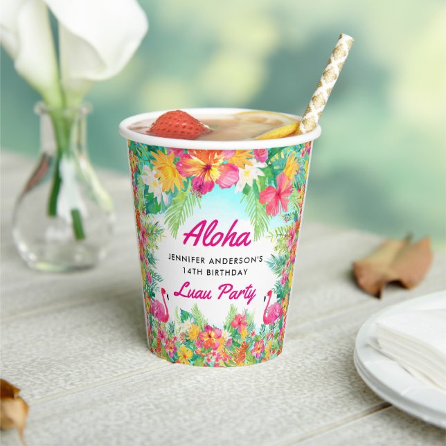 Aloha Tropical Flamingo Luau Birthday Paper Cups (Insitu)