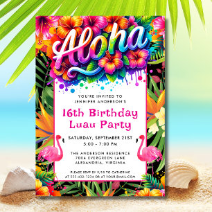 Aloha Tropical Flamingo Luau Birthday Party Invitation