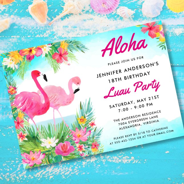Aloha Tropical Flamingo Luau Birthday Party Invitation (Creator Uploaded)