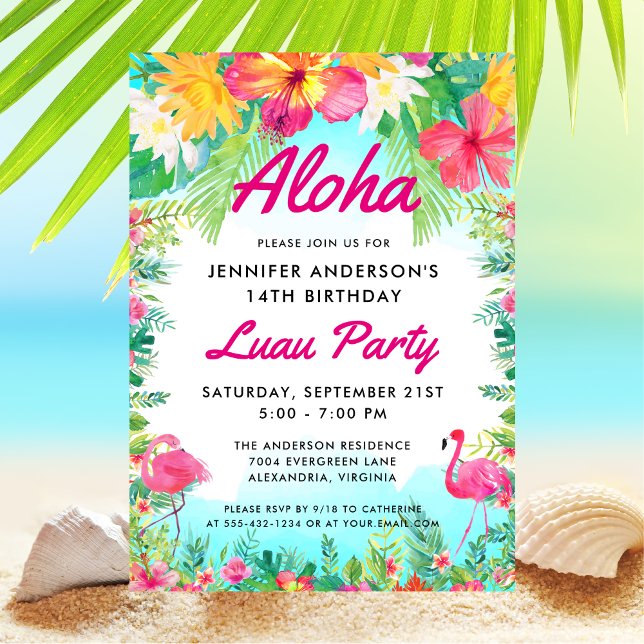 Aloha Tropical Flamingo Luau Party Birthday Invitation (Creator Uploaded)