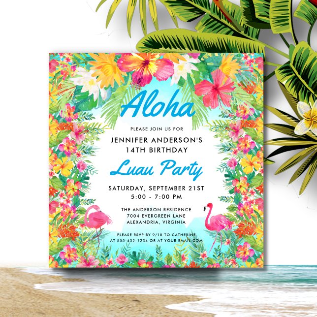 Aloha Tropical Flamingo Luau Party Square Birthday Invitation (Creator Uploaded)