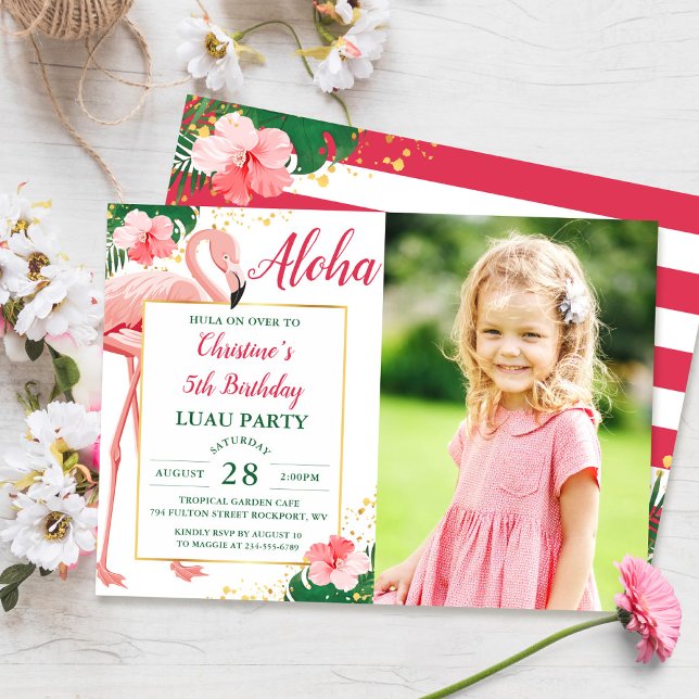 Aloha Tropical Flamingo Pink Floral Birthday Photo Invitation (Creator Uploaded)