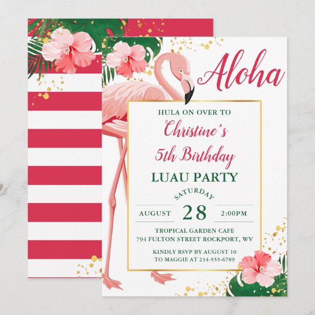Aloha Tropical Flamingo Pink Floral Luau Birthday Invitation (Front/Back)