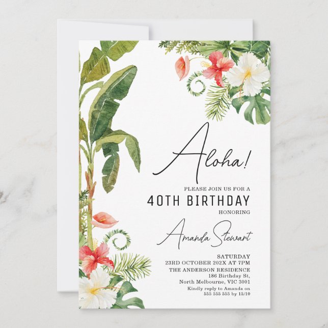 Aloha Tropical Floral 40th Birthday Invitation (Front)
