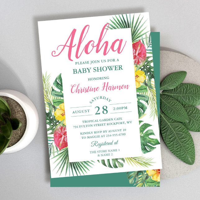 Aloha Tropical Floral Pink Baby Shower Invitation (Creator Uploaded)
